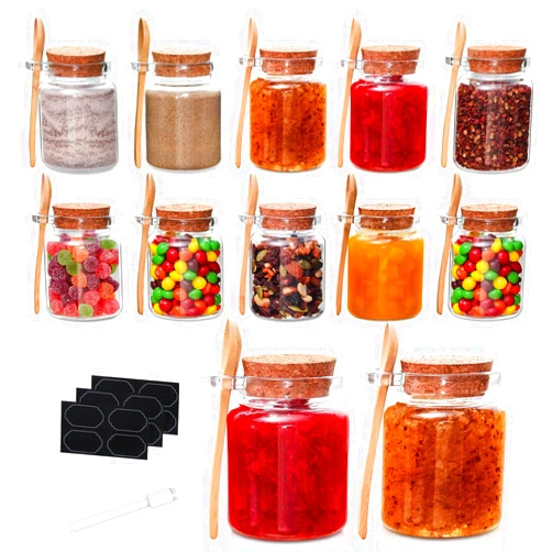 YEBODA 10oz Small Glass Storage Jars with Cork Lids and Spoons Yogurt Containers for Pantry,Bathroom,Spices,Honey,Mousse,Candy,Candle Making,Diy and Art,Dishwaresafe 12 Pack