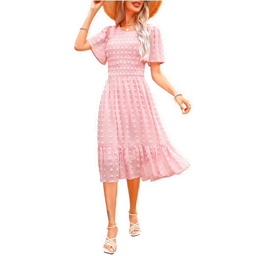 Annebouti Women's 2024 Summer Spring Wedding Guest Dresses Short Sleeve Casual Flowy Swiss Dot Smocked Midi Dress