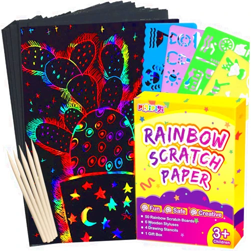 pigipigi Scratch Paper Art for Kids - 60 Pcs Magic Rainbow Scratch Paper Off Set Scratch Crafts Arts Supplies Kits Pads Sheets Boards for Party Games Halloween Christmas Birthday Gift