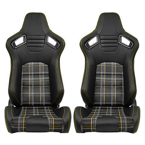 FREEMOTOR802 Racing Seats with Dual Lock Sliders, Universal For Most Cars Vehicles First Row, 1 Pair Reclinable Sport Bucket Seats, PU Plaid Fabric Carbon Fiber Look Leatherette, Black Yellow