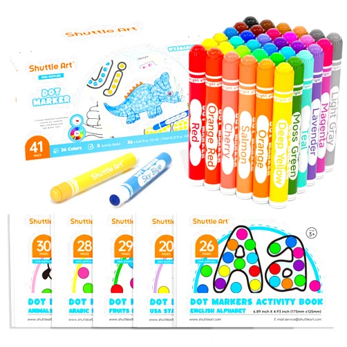 Shuttle Art Dot Markers, 36 Colors Washable with 135 Activity Sheets, 5 Activity Books, Fun Art Supplies for Kids Toddlers and Preschoolers, Non Toxic Water-Based Paint Daubers, Dot Art Markers