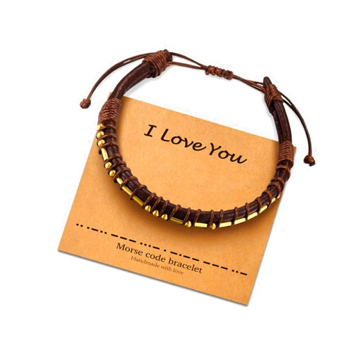 Vrsilver Morse Code Bracelets for Men, 18K Solid Gold Over Beads on Brown Leather Bracelets for Men Inspirational Gifts for Mens Jewelry Unique Birthday Fathers Day Valentine's Day Gifts for Him