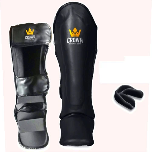 Crown Fighting Gear Crown Boxing Premium Quality Shin Pads for Leg Protection Soccer Sparring Gear MMA Gear and Kick Boxing Gear for Men and Women Youth and Adults - w/Mouth Guard - Black- or Red Black X-Large
