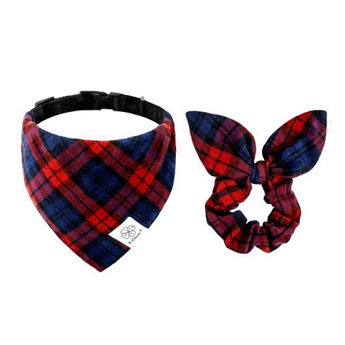 E-Clover Plaid Dog Collar-Dog Bandana Collar & Matching Scrunchie Adjustable Boy Dog Collars for Small Medium Dogs Owner Gift Red Blue