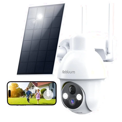 Rebluum Security Camera Wireless Outdoor, 2K Solar Security Camera,Battery Powered 360°PTZ Outdoor Camera,Color Night Vision,2-Way Audio,PIR Motion Detection,Compatible with Alexa