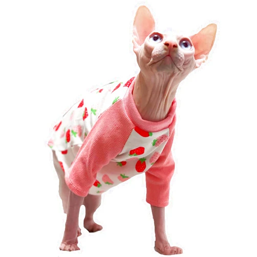 Bonaweite Hairless Cats Strawberry T-Shirt for Spring Summer Autumn, Breathable Cute Cat Wear Clothes Vest Shirts for Sphynx, Cornish Rex, Devon Rex, Peterbald