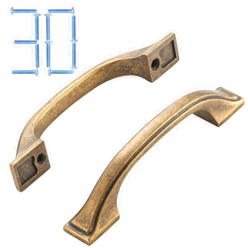 KOOFIZO 30-Pack Square Foot Craftsman Cabinet Bow Pull - Antique Brass Furniture Handle, 3 Inch/76mm Screw Spacing for Kitchen Cupboard Door, Bedroom Dresser Drawer, Bathroom Wardrobe Hardware