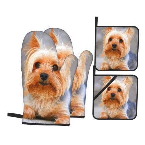 Opumxzb Cutest Yorkies Oven Mitts and Pot Holders Sets 4 Pcs Set, Heat Resistant Puppy Oven Gloves Dog Lovers Gifts Hot Pad for Kitchen Cooking Baking BBQ
