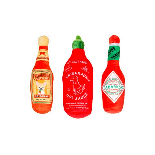 Pearhead Hot Sauce Dog Toys, Set of 3, Hot Sauce Toy Set for Dogs, Must Have Toys for Pet Owners, Plush Chew Toys Set of 3
