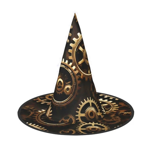 Mqgmzcool Steampunk Gears Print Adults Captivating Cone Witch Hat Halloween Party Headgear Cosplay For Unisex