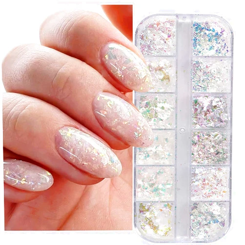 KALEFUL Holographic Iridescent Nail Art Nail Glitter KALEFUL Powder Aurora Foil Sequins Flakes Paillettes Designs Manicure Nail Decorations - 12 Grids