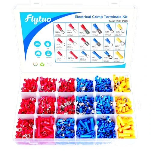 Flytuo 1500pcs Insulated Wire Electrical Connectors-Ring,Fork,Spade,Butt-Crimp Terminals Assortment Kit
