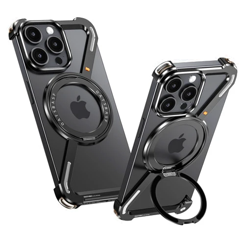 SAMORINO Minimalist Z Case Compatible with iPhone 15 Pro Max, 360° Kickstand Bezel Less Metal Slim Bumper Phone Case, Drop-Proof Protective Shell, Easy Fit, Black