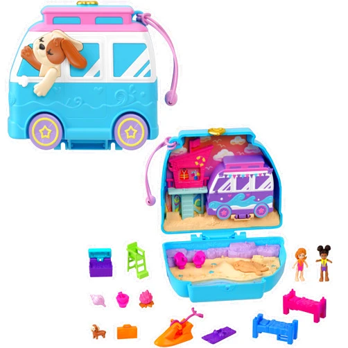 Polly Pocket Dolls & Playset, Seaside Puppy Ride Compact with 11 Accessories, Travel Toy with Fidget Exterior