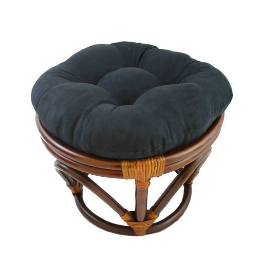 MISC 18 Inch Black Papasan Foot Stool Coastal Rattan Ottoman Round Microsuede Bohemian Frame with Padded Cushion Tufted Thick Pad