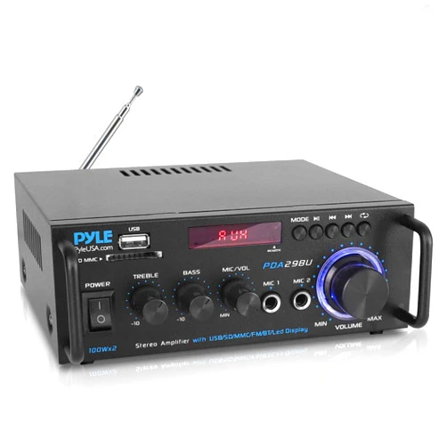 Pyle Wireless Bluetooth Stereo Power Amplifier - 200W 2 Channel Audio Stereo Receiver USA Warranty w/RCA, USB, SD, MIC in, FM Radio, for Home Theater Entertainment via RCA, Studio Use - Pyle PDA29BU