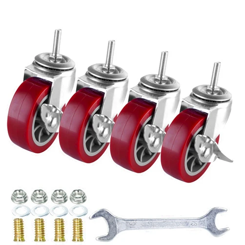 YEEMIGO 3 Inch Swivel Caster Wheels Set of 4, Locking Casters Heavy Duty Total Capacity 330lbs, Metric M8-1.25 Threaded Stem PU Casters with Brake, Castors for Carpet Hardwood Floors Workbench Bed Frame