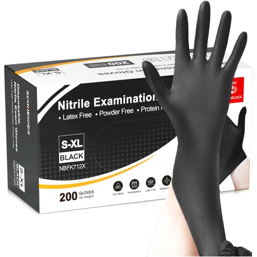 Schneider Nitrile Exam Gloves, Medium, 200-ct Box, 4-mil, Black Disposable Gloves Latex-Free, Powder-Free, Food Safe, Medical Gloves for Cooking, Cleaning, Examination