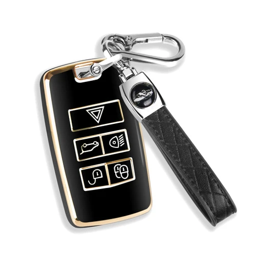 QBUC for Land Rover Key Fob Cover with KeyChain Soft TPU Gold Trim Key Case Full Protection Compatible with 2018-2023 Land Rover Range Rover Evoque Sport Vogue Discovery 5 Jaguar E I-PACE (Black)