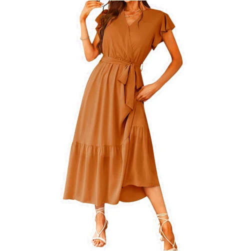 KAJXZ Women's Casual Floral Boho Dress Summer Wrap V Neck Short Sleeve Belted Ruffle Hem A-Line Flowy Maxi Dresses 2024