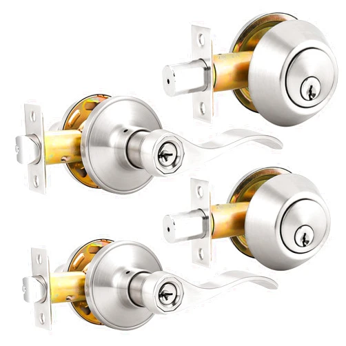 Probrico 2 Sets Front Exterior Door Lever Set with Single Cylinder Deadbolts Satin Nickel,Drop Shape Entry Door Levers with Dead Bolts Combo Pack, Keyed Alike Door Hardware, Contractor Pack