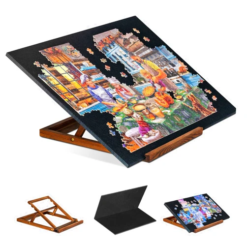 Tektalk Foldable Jigsaw Puzzle Board with 3 Angle Adjustable Bracket/Stand, Lightweight Portable Puzzle Mat Plateau with Wooden Easel, Foldaway Felt Puzzle Table, for Up to 1000 Pieces - Black