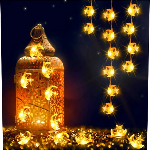 Frienda 6.6ft Moon Star Ramadan String Warm White Lights 20 LEDs, 2 Modes Eid Mubarak Decorative Lights Battery Operated Muslim LED Fairy Lights for Ramadan Decorations for Home with Remote (1 Pack)