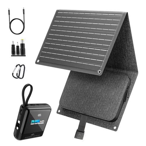 Ecosonique Technology Ecosonique 30W Foldable Solar Panel with 20000 mAh Power Bank 33W Fast Charging Portable Charger with Built-in Cable ETFE Solar Panel Charger DC12V USB A QC 3.0 USB C for Cellphone Camping Travel