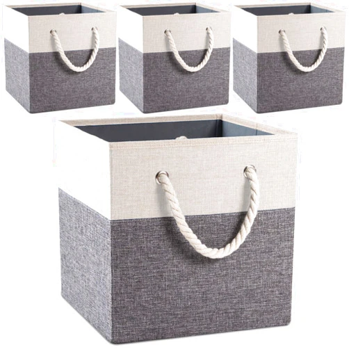 PRANDOM Large Foldable Cube Storage Bins 13x13 inch [4-Pack] Fabric Linen Storage Baskets Cubes Drawer with Cotton Handles Organizer for Shelves Nursery Closet Bedroom White and Grey