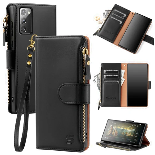 Shieldtop Compatible with Samsung Galaxy Note 20 5G Wallet Case with Card Holder,PU Leather Phone Case Flip Protective Cover Wrist Strap Zipper Credit Card Slots RFID Blocking Women Men,Black