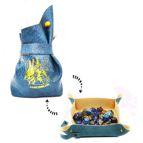 HAOMEJA DND Dice Tray Bag & Tray with Button Role Playing Dice Bag Leather dice Bag Jewelry Coin & Small Accessories Bag Storage Bag (Blue)
