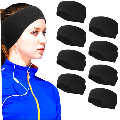 Syhood 8 Pieces Ear Warmer Headbands with Buttons Fleece Muffs Headband Winter Running Sweatband Stretchy Ear Cover Cold Weather Ear Muffs Sports Earmuff for Women Men Cycling Skiing Jogging (Black)