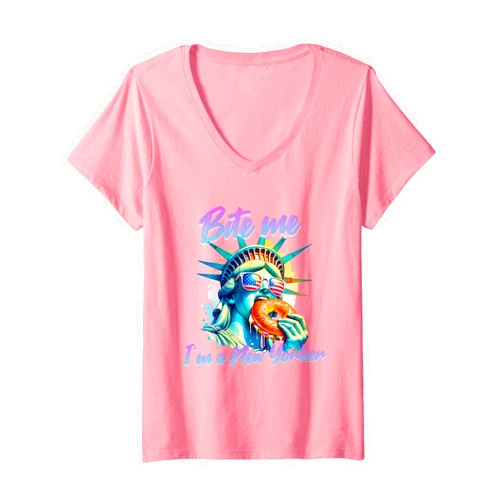 Liberty Delicious Bakery Icon Patriotic Food Womens Bite Me I'm A New Yorker Bagel Statue Liberty NYC V-Neck T-Shirt