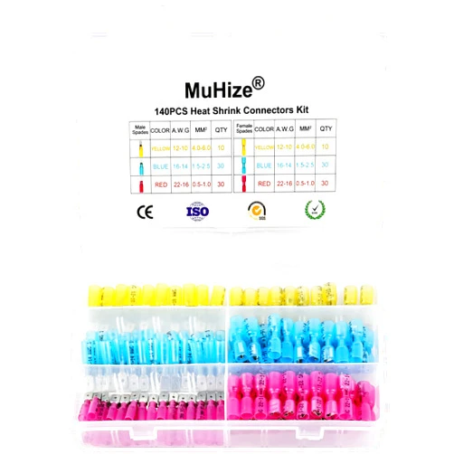 MuHize Heat Shrink Spade Connectors - 140PCS Upgraded Insulated Waterproof Electrical Crimp Wire Terminal Kit(2024 New), Spade Butt Splices Kit for Automotive, Boat, Truck, Stereo(3Colors/6Sizes)