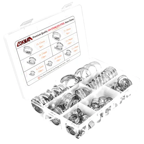 LOKMAN Stainless Steel Hose Clamp Assortment Kit- 60 Pieces, Adjustable 1/4''- 1-1/2'' (6-38mm) Worm Gear Metal Fuel Line Clamp for Plumbing, Automotive And Mechanical Applications
