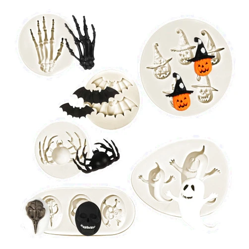 Muyulin Halloween Chocolate Molds, (6PCS) Skull Spider Pumpkin Silicone Chocolate Mould, Ghost Candy Mold for Halloween, Thanksgiving, to Baking Cake Decor Cupcake Toppers Resin Keychain