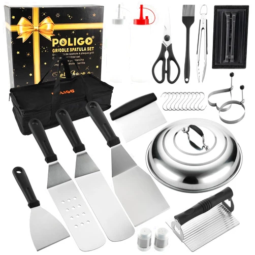 POLIGO 28PCS Griddle Accessories Kit, Flat Top Grill Accessories Set for Camp Chef, Grill Spatula Set with Enlarged Spatulas, Basting Cover, Scraper for Cooking Indoor or Outdoor Barbecue