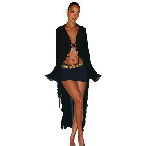AIBEARTY Women's Mesh Sheer Long Flared Sleeve Cardigan Maxi Dress Lace Up Ruffles See Through Beach Cover Ups Party Clubwear