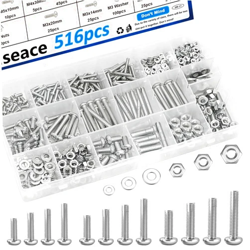 smseace 516 Pcs Nuts and Bolts Assortment Kit 21-Sizes Screws Bolts and Nuts Assortment Kit M3/M4/M5/M6 Metric Machine Screws/Nuts/Bolts/Flat Washers Phillips Slotted Pan Head Hex Bolts and Nuts Sets