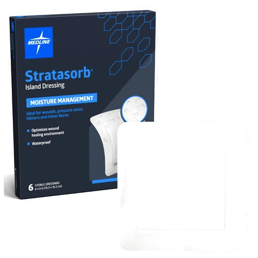 Medline Stratasorb Sterile, 6” x 6” Composite Island Dressing with Non-Adherent Gauze Pad, Waterproof Back, Covers & Protects Wounds, Lasts Up to 7 Days, 6 Per Box, Not Made with Natural Rubber Latex