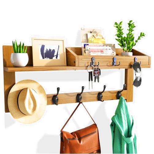 Aofure Coat Rack Wall Mount with Shelf, Wall Mounted Coat Rack with Shelf, 24 in Coat Hanger Wall Mount, Wooden Hanging Entryway Shelf with Hooks for Backpack, Bag, Purse, Large Key and Mail Holder for Wall