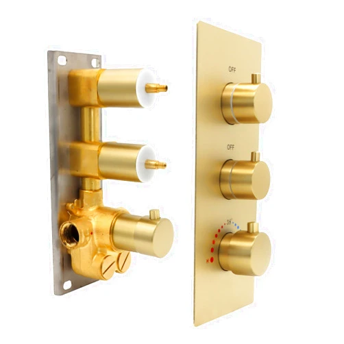 HOMEDEC 2 Way Shower Diverter Valve, Brass Dual Functions Thermostatic Shower Mixing Valve Kit 3 Handle Flow Control Valve, 3/4 Inch Inlet, Can Run Simultaneously(Brushed Gold)