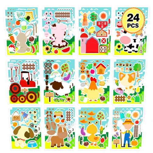 DUJAA 24 Sheets Make-a-face Sticker, Farm Animal Stickers Sheets Make Your Own Stickers for Kids Farm Themed Birthday Party Favors Supplies Craft Teacher Class Rewards 12 Designs