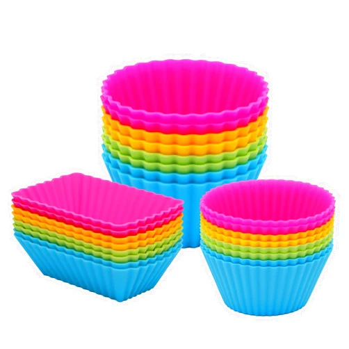 SAWNZC Large Silicone Cupcake Liners, 24pack Reusable Baking Cups Muffin Liners Pastry Cake Molds, 3 Shapes Lunch Box Bento Dividers-Round, Square, and Rectangular