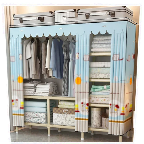 OTHZON Foldable Closet Wardrobe with Cover Portable Garment Rack for Bedroom Metal Clothes Rack with Hanging Rod and 6 Shelves for Storage (Color : Blue C, Size : 163x45x170cm)