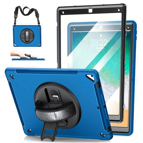 Miesherk STOCK Case for iPad Pro 12.9 2nd Generation 2017& 2015 1st Generation, Heavy Duty TPU Protective Cover with Screen Protector- 360° Rotatable Stand + Handle Hand & Shoulder Strap + Pencil Holder- Blue