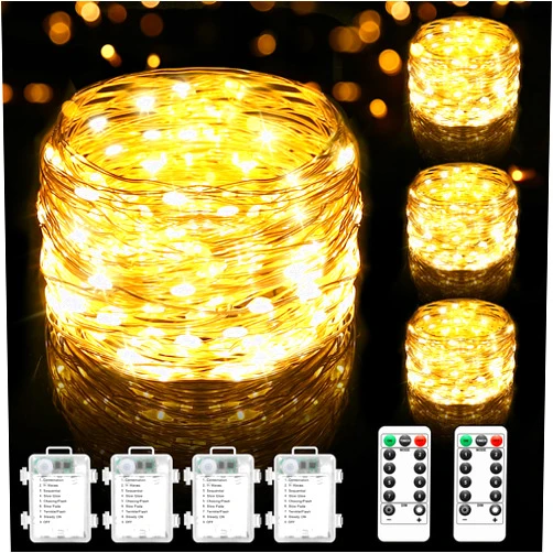 Lakumu 4-Pack 33FT 100 LED Fairy Lights Battery Operated, Remote Control String Lights with Timer, 8 Modes Waterproof Outdoor Twinkle Lights for Bedroom Classroom Dorm DIY Christmas Party, Warm White