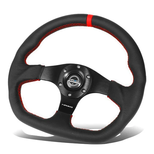 NRG Innovations NRG-RST-024MB-R-RD Reinforced Steering Wheel - 320mm Sport Leather Flat Bottom with Red Center Mark, Red Stitching