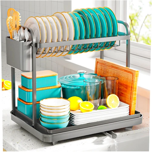 Sakugi Dish Drying Rack - Stainless Steel Dish Rack for Kitchen Counter, 2-Tier Kitchen Organizers and Storage Rack with Drainboard and Cutlery Holder, Large, Gray