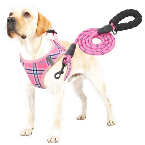 MoNiBloom No Pull Dog Harness w/Leash Set, Reflective Soft Puppy Padded Vest for Walking, Training, Easy to Put on Medium Large Dogs - Pink, XL